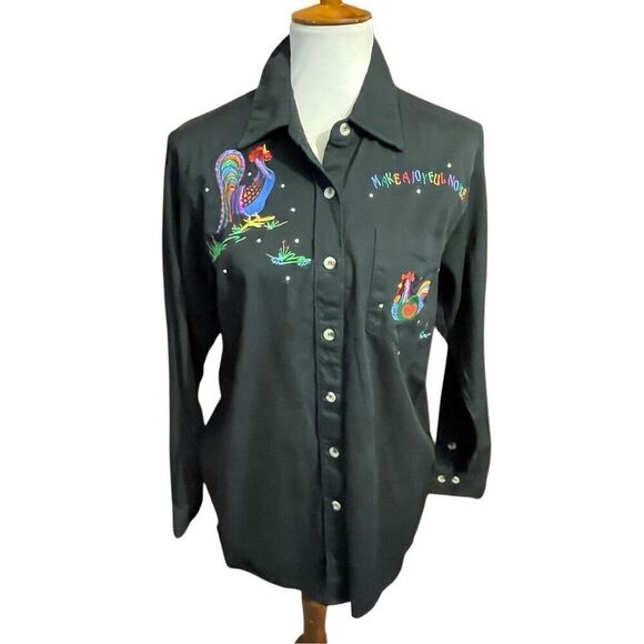 Quacker Factory Vintage 90’s Black Long Sleeve Button Down Shirt Embroidered Roo - Picture 2 of 16